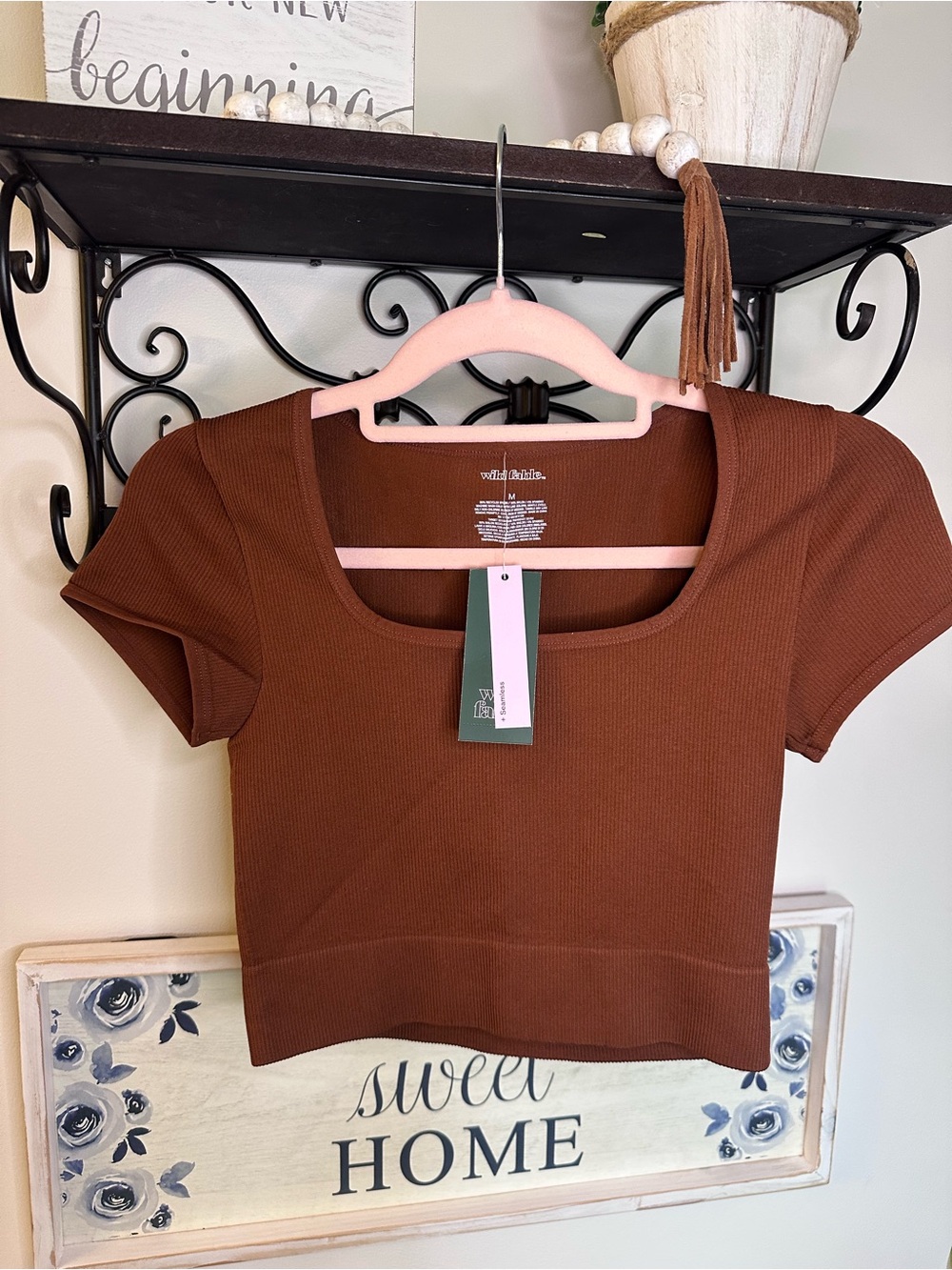NWT Brown Ribbed Scoop Neck Crop Top